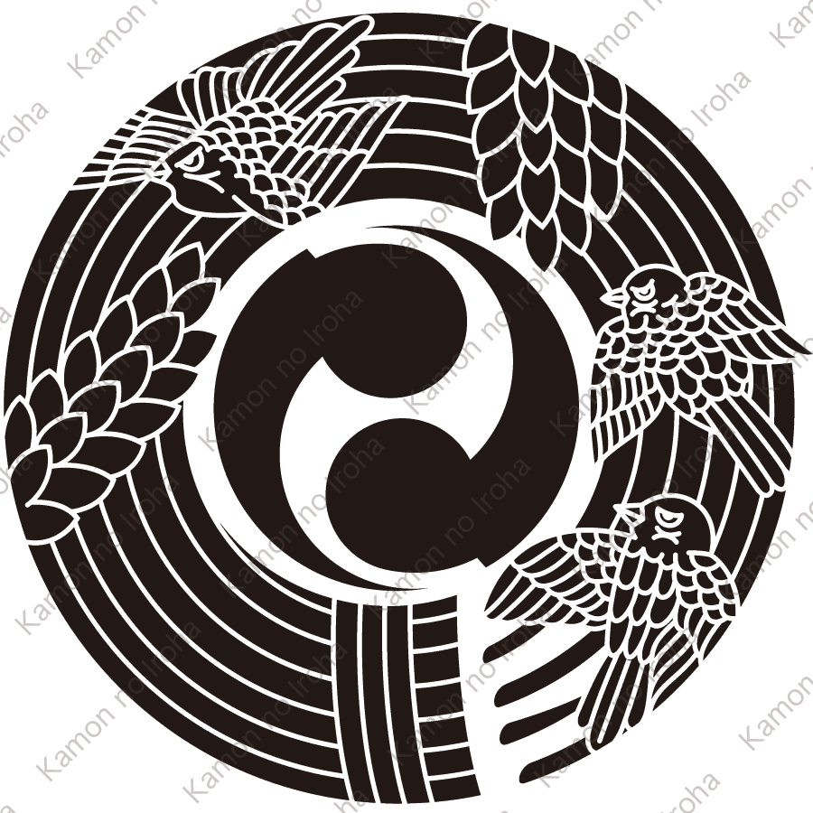 稲の丸に三羽雀に二つ巴紋