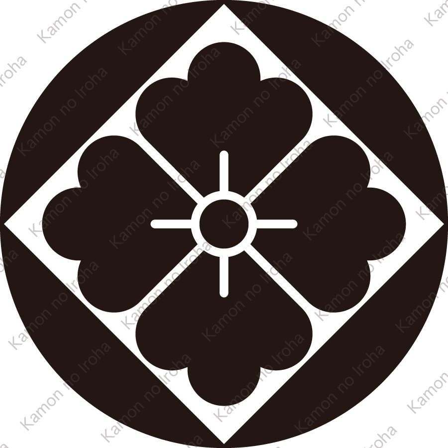 石持ち地抜き隅立て角に花角紋