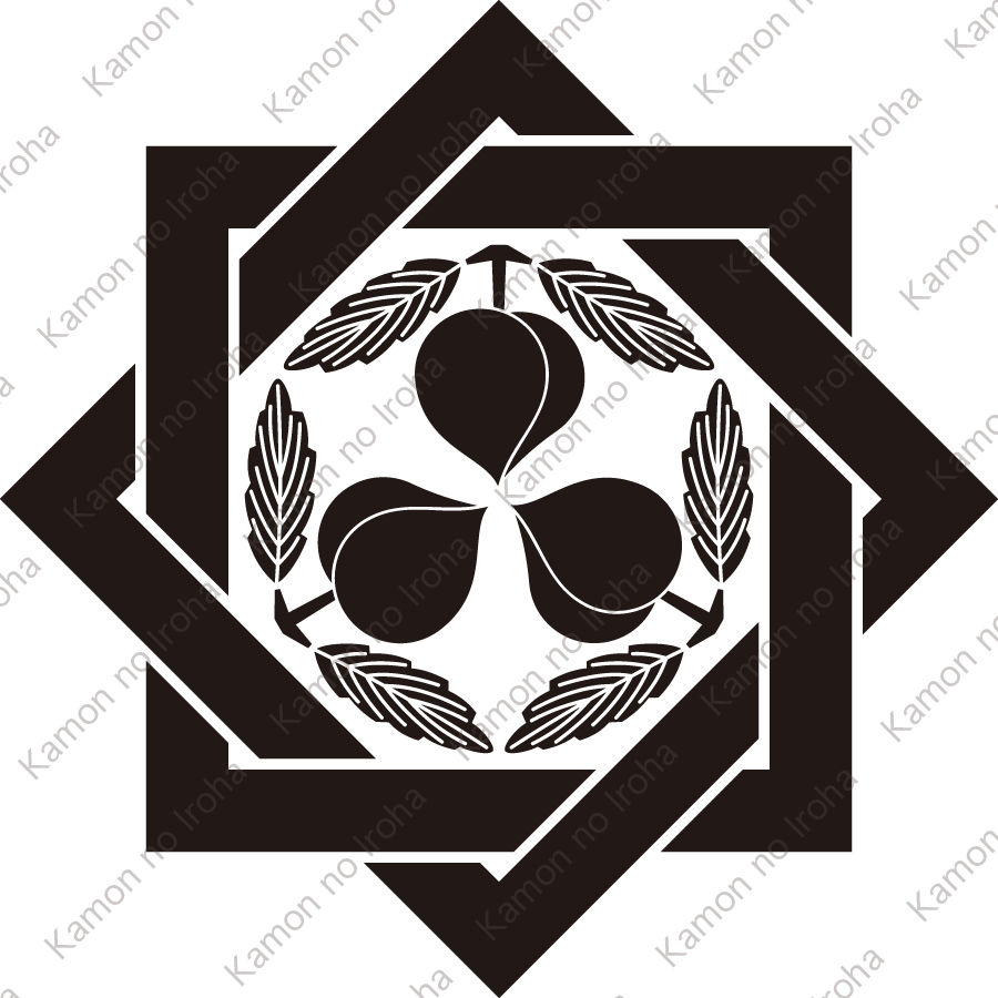 組み合い角に葉付き三つ桃紋