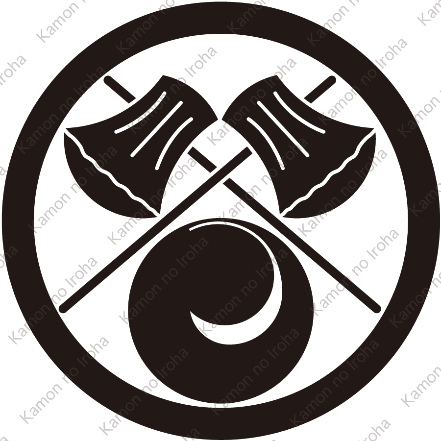 丸に違い鉞に左一つ巴紋