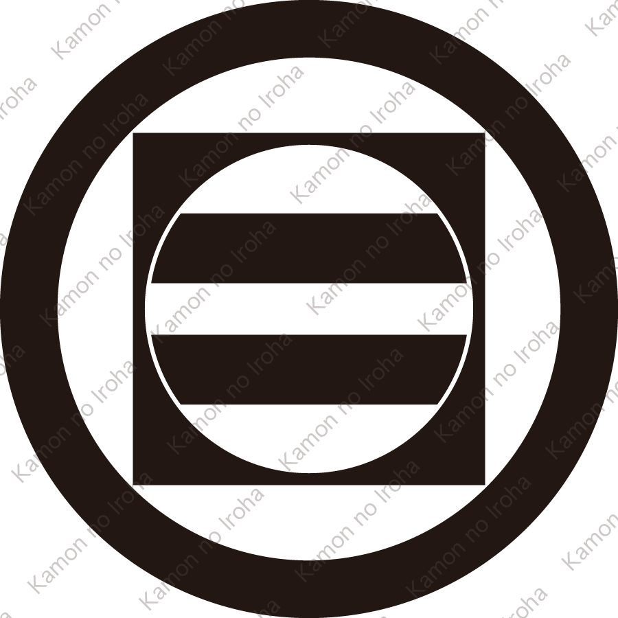 丸に平鉄砲角内に二つ引き紋