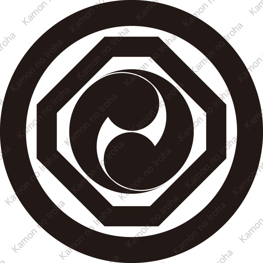 丸に隅切り角に左二つ巴紋