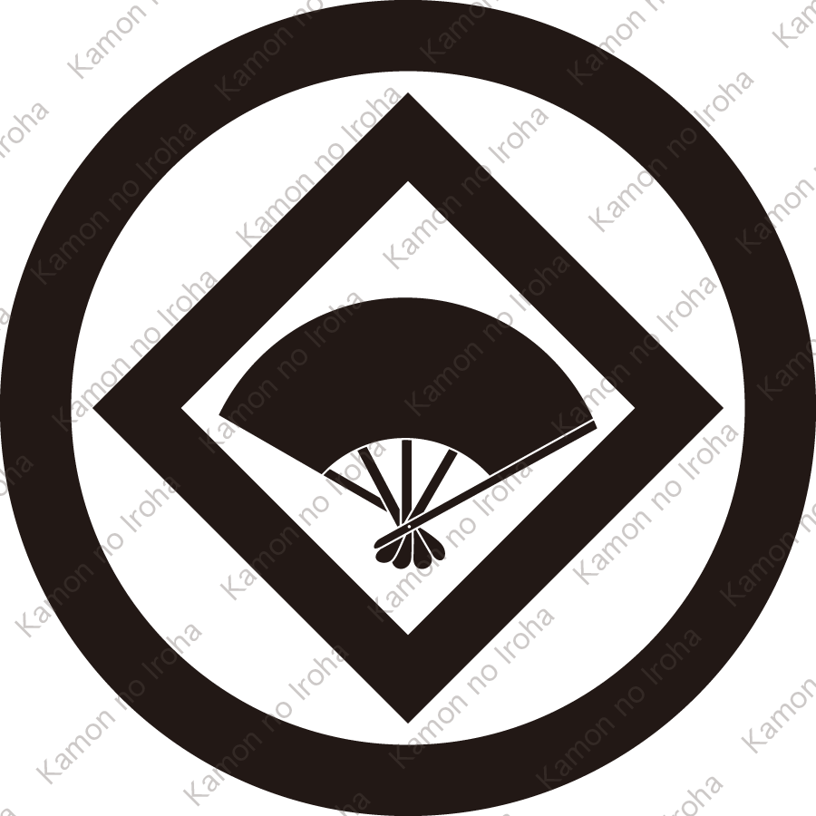 丸に隅立て角に五本骨扇紋