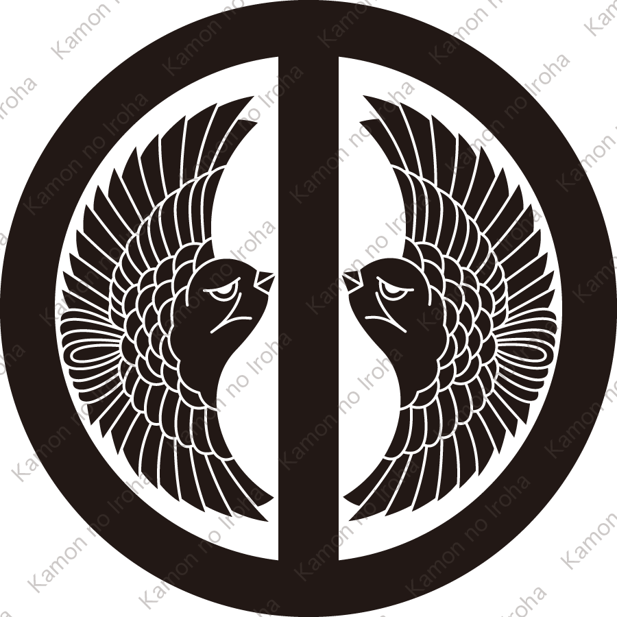 丸に竪一つ引きに対い雀紋