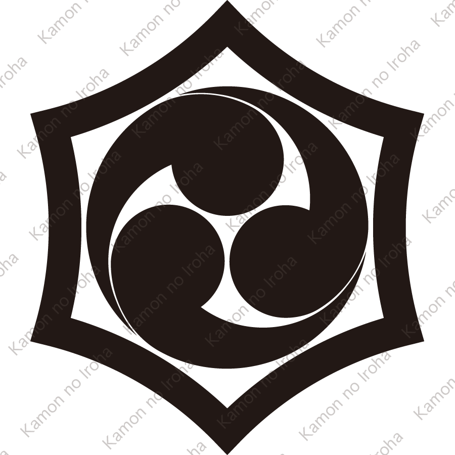 反り六角に左三つ巴紋