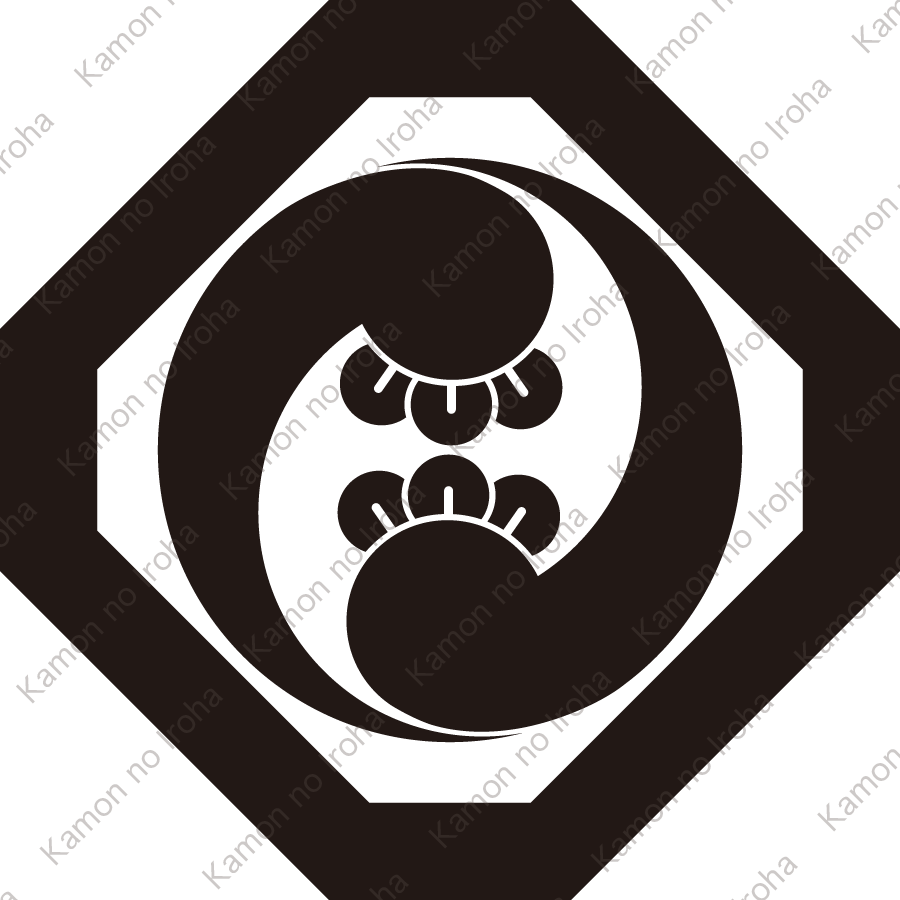 隅切り角に左二つ丁子巴紋