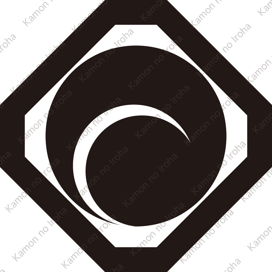 隅切り角に一つ巴紋
