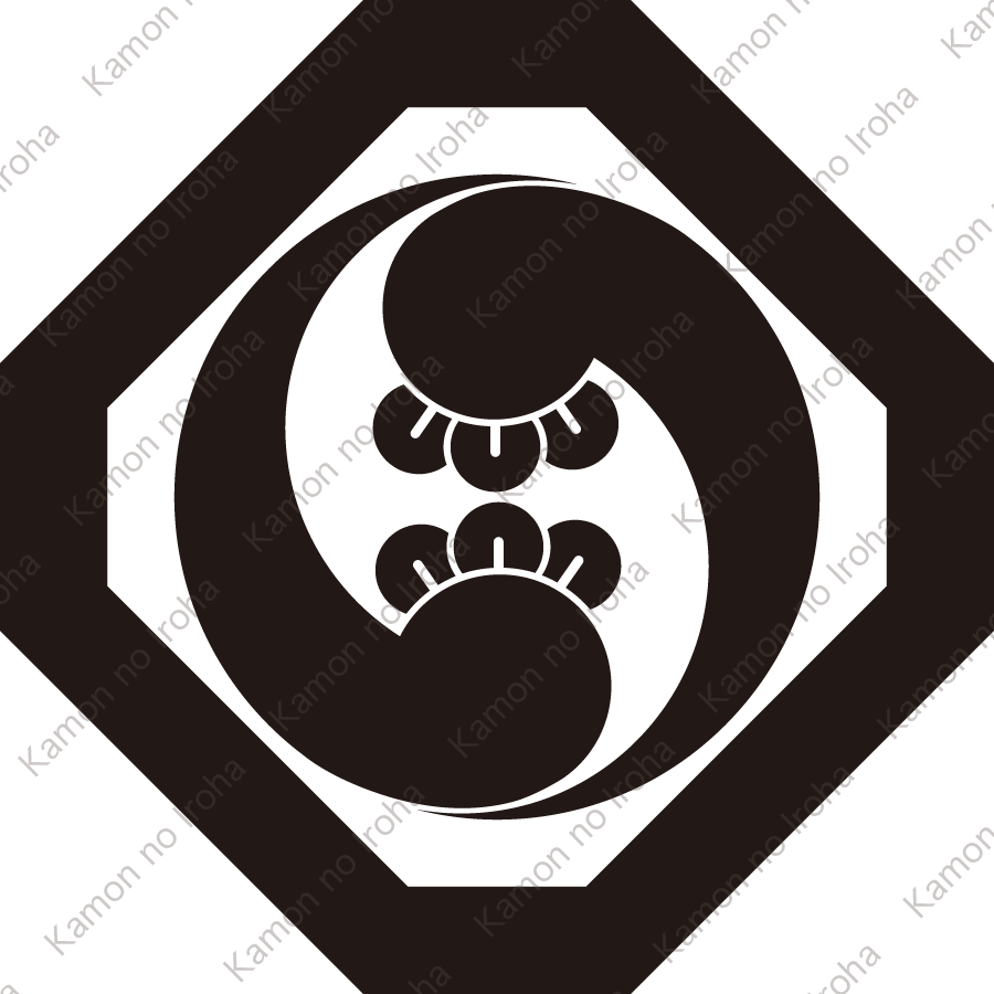 隅切り角に右二つ丁子巴紋