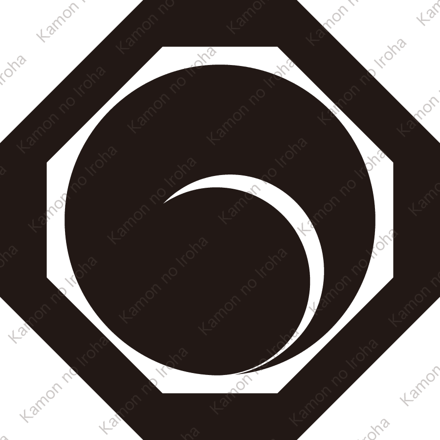 隅切り角に右一つ巴紋