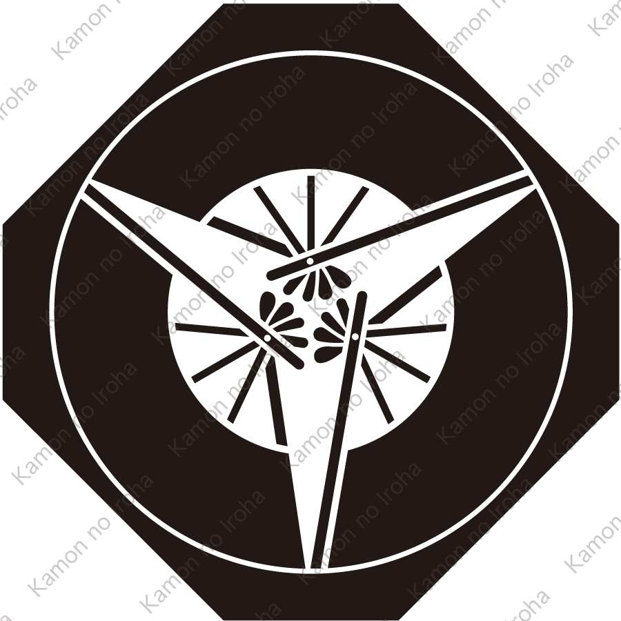 隅切り鉄砲角に三つ扇紋
