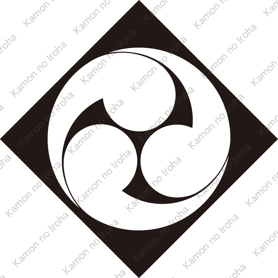 隅立て角に地抜き左三つ巴紋