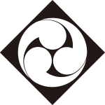 隅立て角に地抜き左三つ巴紋